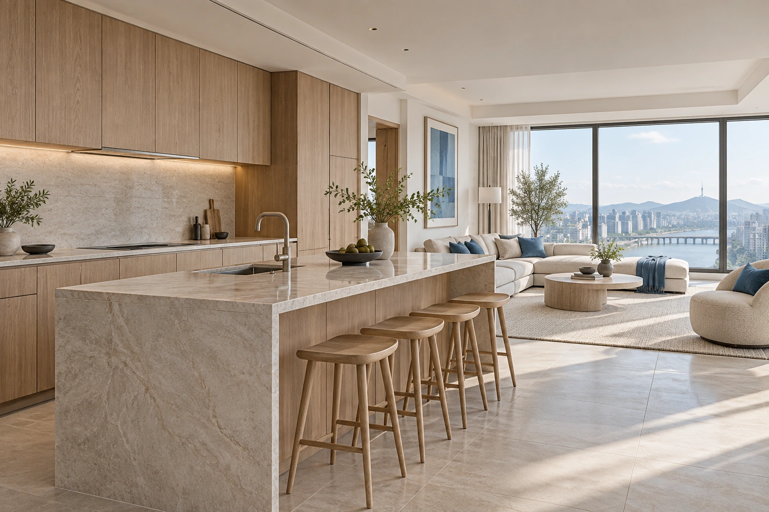 Modern oak kitchen and apartment living concept