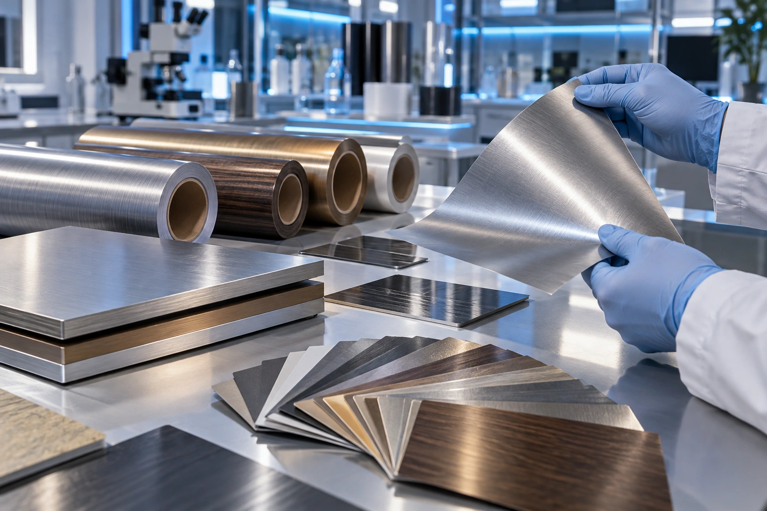 Decorative film research bench with rolls, laminated panels and inspection