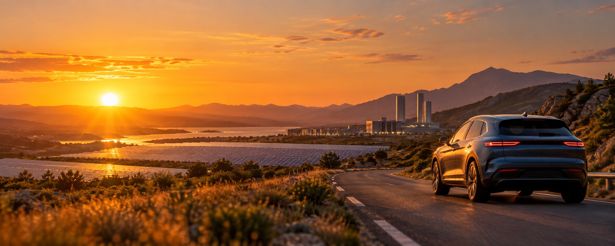A conceptual sunset landscape connecting mobility, solar power and industry