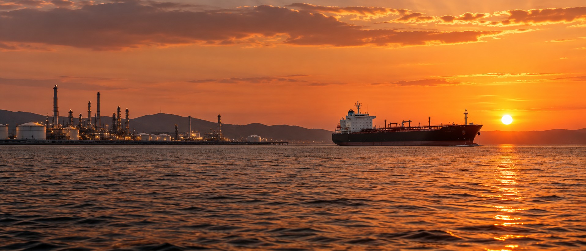 Conceptual oil tanker at a natural waterline beside a petroleum refinery at sunset