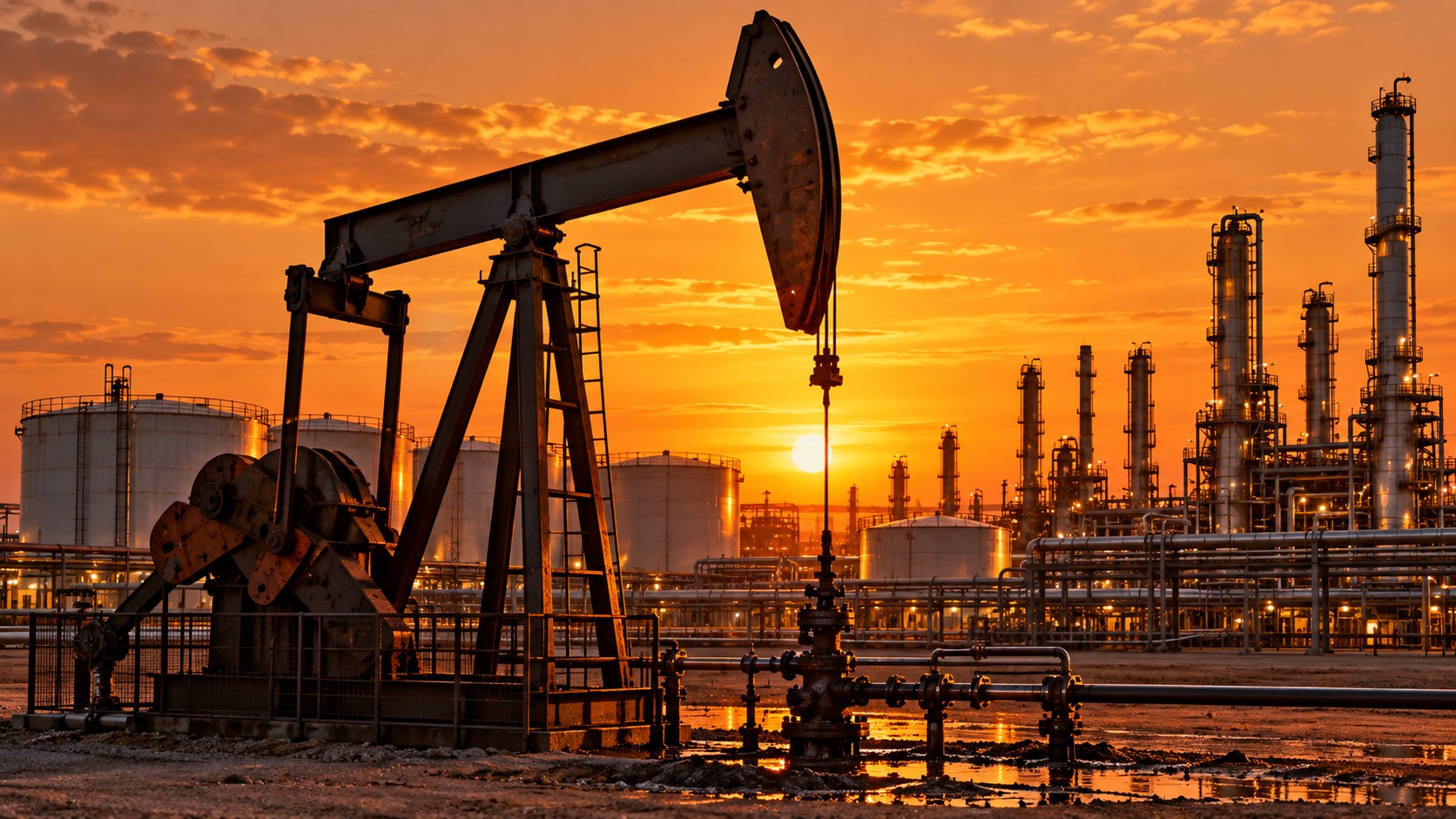Conceptual crude-oil pumpjack, petroleum storage tanks and refinery at sunset