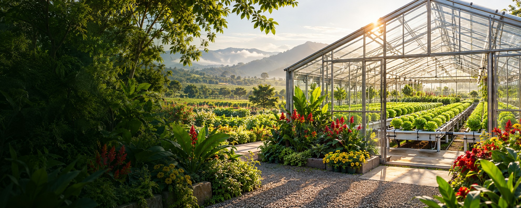 Conceptual sunlit greenhouse with leafy greens, irrigation and red and yellow flowers