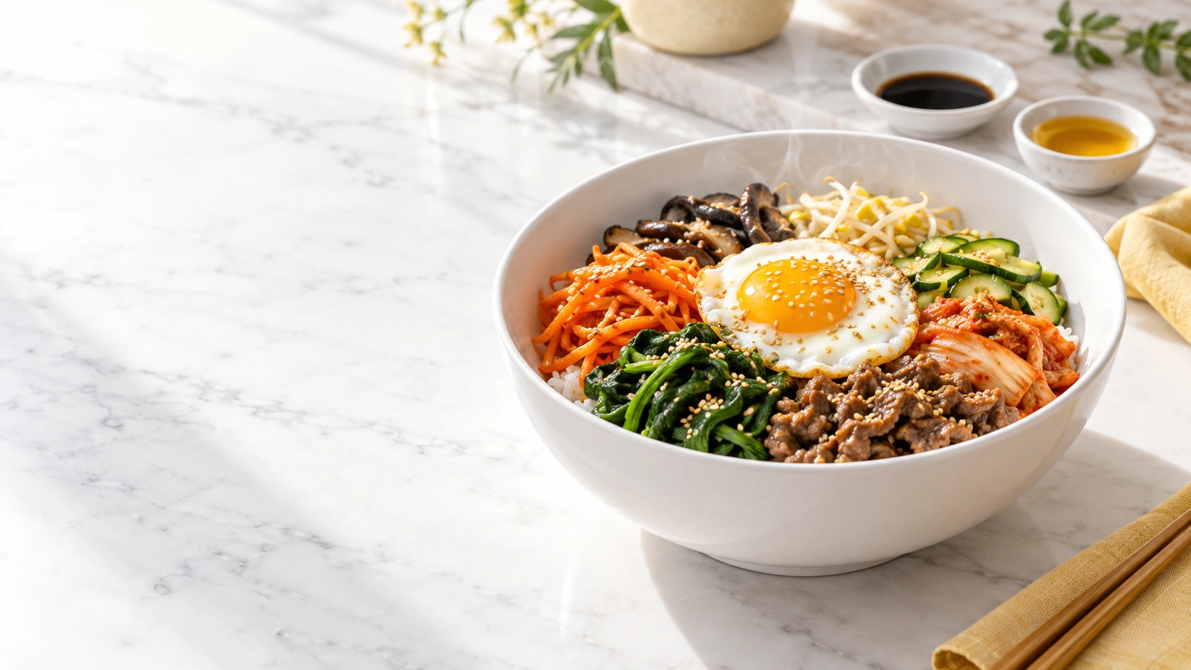 AI-created bibimbap with colorful vegetables, rice and sauce bowls on a clean kitchen counter