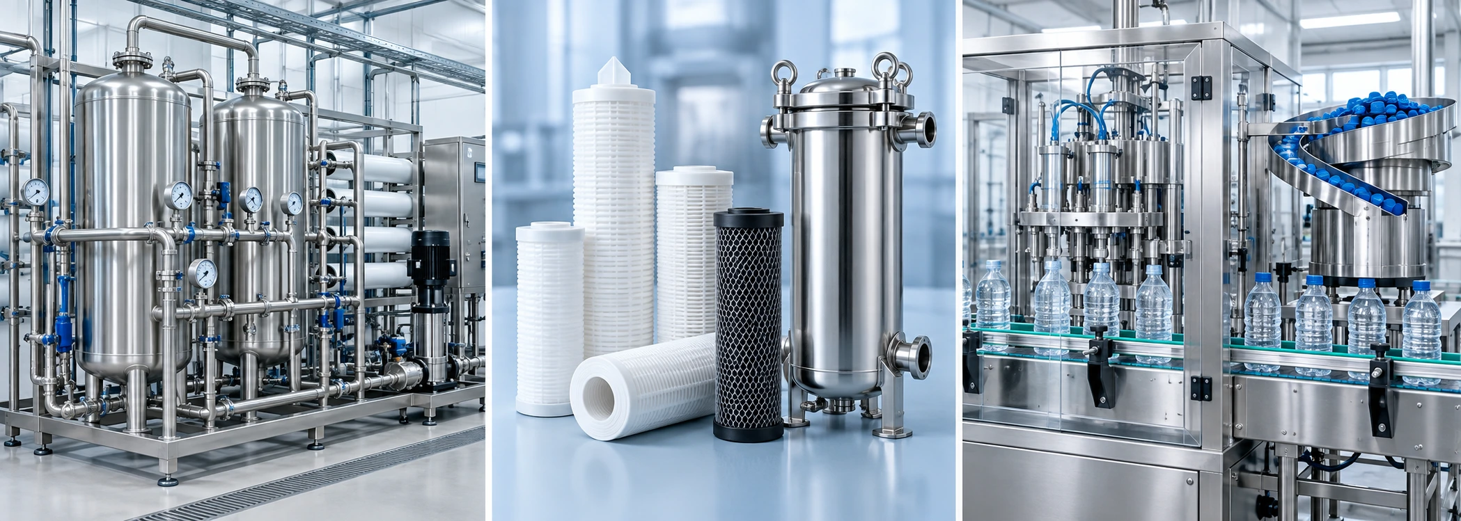 AI-generated concepts of a water treatment skid, cartridge filters, and bottle filling and capping equipment