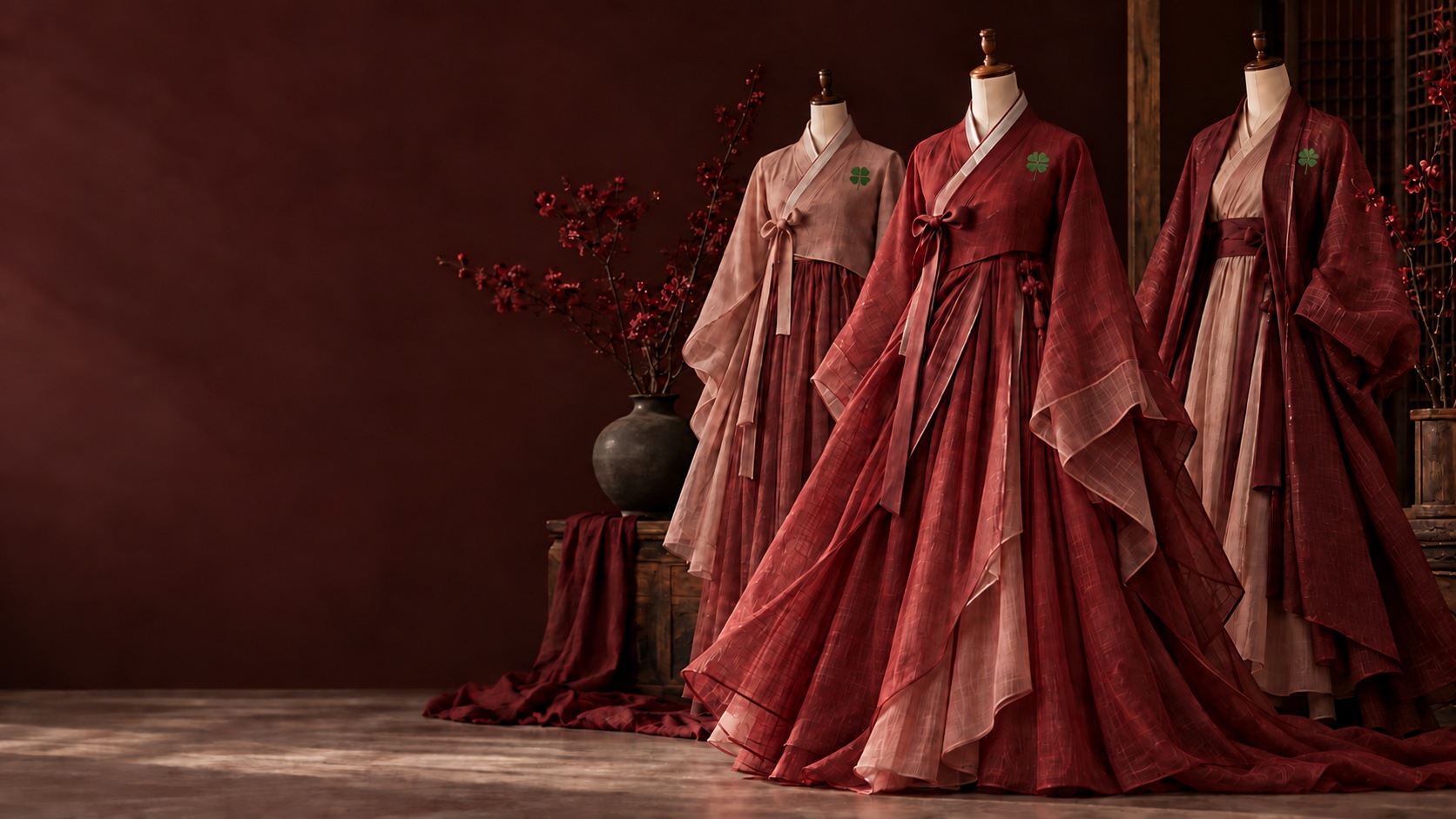 Conceptual Korean-inspired crimson garments with subtle four-leaf clover embroidery